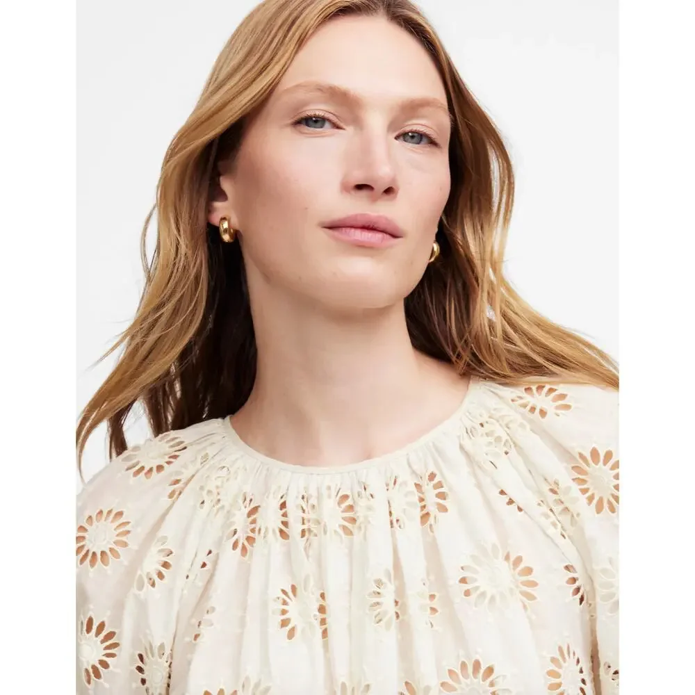 Madewell Embroidered Shirred Puff Sleeve Top Blouse Floral Eyelet Cream XXS NWT
